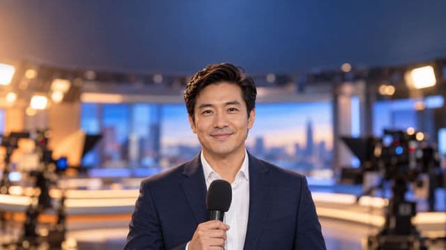 Jornalista sorrindo, com blazer azul sobre camisa branca, segurando um microfone sem logotipo, em um estúdio de televisão com luzes e câmeras desfocadas
