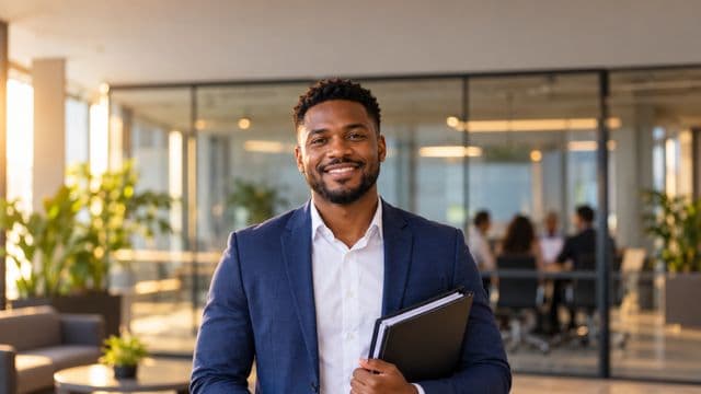 Profissional de recursos humanos sorrindo, com blazer azul sobre camisa branca, segurando uma pasta de documentos, em um escritório moderno com uma sala de reunião envidraçada