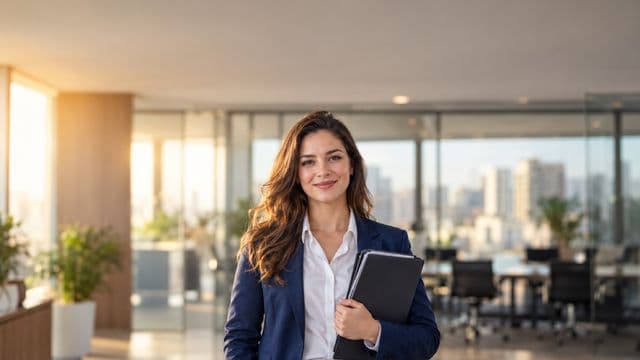 Profissional de recursos humanos sorrindo, com blazer azul sobre camisa branca, segurando uma pasta de documentos, em um escritório moderno com uma sala de reunião envidraçada
