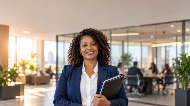 Profissional de recursos humanos sorrindo, com blazer azul sobre camisa branca, segurando uma pasta de documentos, em um escritório moderno com uma sala de reunião envidraçada
