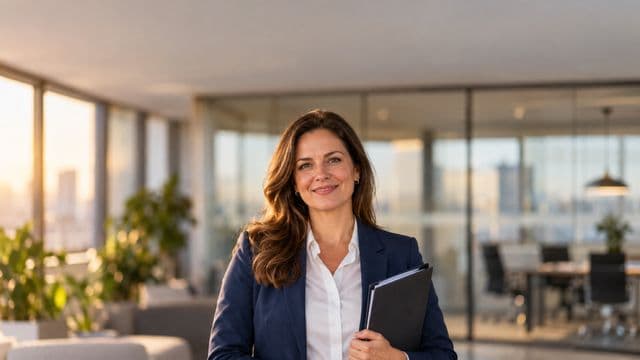 Profissional de recursos humanos sorrindo, com blazer azul sobre camisa branca, segurando uma pasta de documentos, em um escritório moderno com uma sala de reunião envidraçada