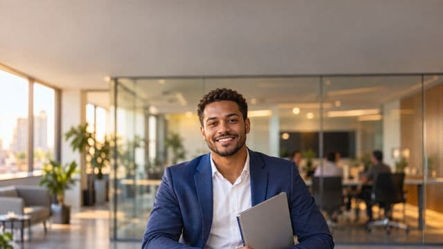 Profissional de recursos humanos sorrindo, com blazer azul sobre camisa branca, segurando uma pasta de documentos, em um escritório moderno com uma sala de reunião envidraçada