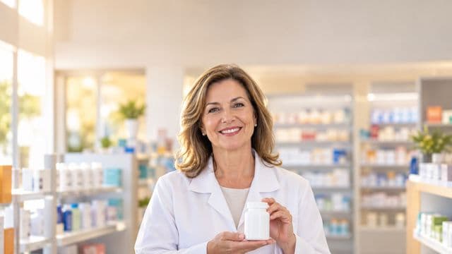 Farmacêutica sorrindo, com jaleco branco, segurando um frasco de medicamento sem rótulo legível, em uma farmácia moderna com prateleiras organizadas