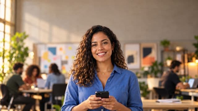 Profissional de marketing sorrindo, com camisa casual azul, segurando um smartphone, em uma agência criativa moderna com equipe desfocada e quadros de ideias