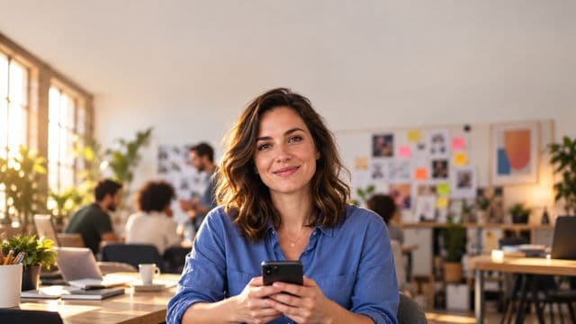 Profissional de marketing sorrindo, com camisa casual azul, segurando um smartphone, em uma agência criativa moderna com equipe desfocada e quadros de ideias