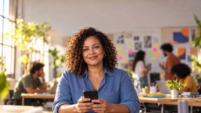 Profissional de marketing sorrindo, com camisa casual azul, segurando um smartphone, em uma agência criativa moderna com equipe desfocada e quadros de ideias