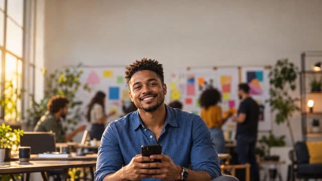 Profissional de marketing sorrindo, com camisa casual azul, segurando um smartphone, em uma agência criativa moderna com equipe desfocada e quadros de ideias