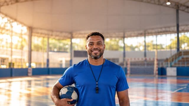 Profissional de educação física sorrindo, com camiseta esportiva azul e apito no pescoço, segurando uma bola, em uma quadra poliesportiva coberta e bem iluminada