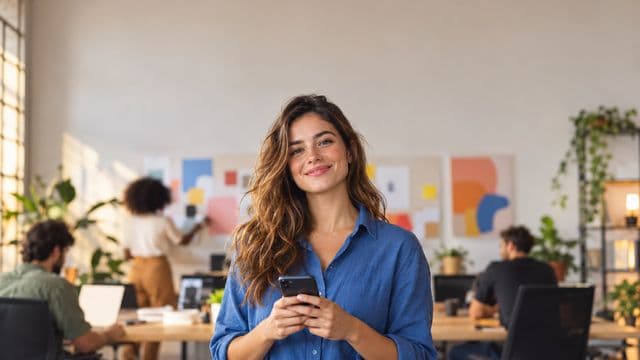 Profissional de marketing sorrindo, com camisa casual azul, segurando um smartphone, em uma agência criativa moderna com equipe desfocada e quadros de ideias