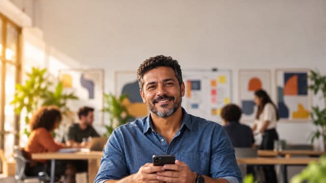 Profissional de marketing sorrindo, com camisa casual azul, segurando um smartphone, em uma agência criativa moderna com equipe desfocada e quadros de ideias
