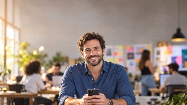 Profissional de marketing sorrindo, com camisa casual azul, segurando um smartphone, em uma agência criativa moderna com equipe desfocada e quadros de ideias