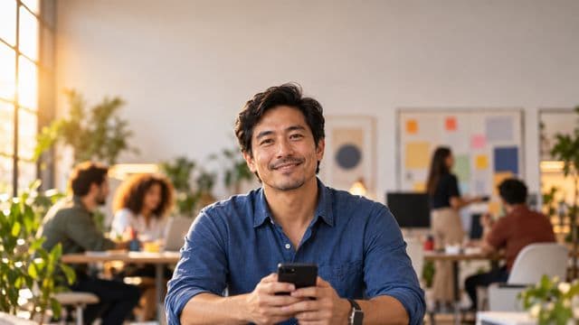 Profissional de marketing sorrindo, com camisa casual azul, segurando um smartphone, em uma agência criativa moderna com equipe desfocada e quadros de ideias