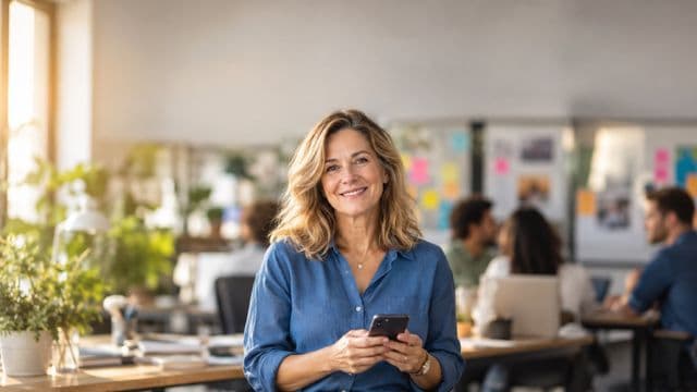 Profissional de marketing sorrindo, com camisa casual azul, segurando um smartphone, em uma agência criativa moderna com equipe desfocada e quadros de ideias