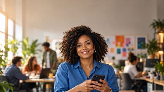Profissional de marketing sorrindo, com camisa casual azul, segurando um smartphone, em uma agência criativa moderna com equipe desfocada e quadros de ideias