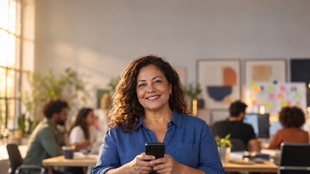 Profissional de marketing sorrindo, com camisa casual azul, segurando um smartphone, em uma agência criativa moderna com equipe desfocada e quadros de ideias