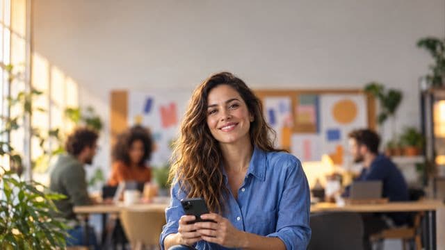 Profissional de marketing sorrindo, com camisa casual azul, segurando um smartphone, em uma agência criativa moderna com equipe desfocada e quadros de ideias