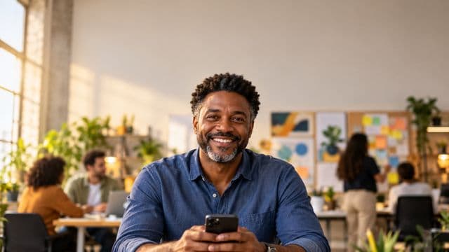 Profissional de marketing sorrindo, com camisa casual azul, segurando um smartphone, em uma agência criativa moderna com equipe desfocada e quadros de ideias