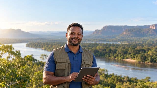 Gestor ambiental sorrindo, com camisa polo azul e colete de campo, segurando um tablet, em uma área de preservação com mata e um rio