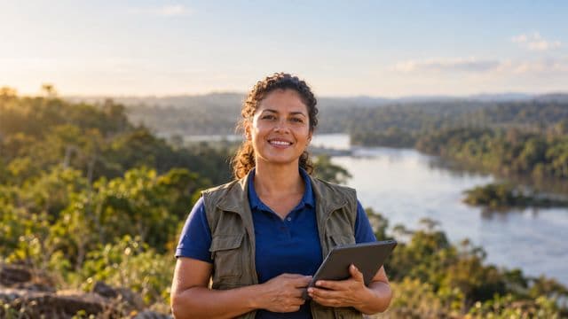 Gestora ambiental sorrindo, com camisa polo azul e colete de campo, segurando um tablet, em uma área de preservação com mata e um rio