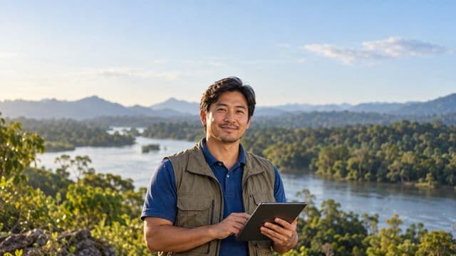 Gestor ambiental sorrindo, com camisa polo azul e colete de campo, segurando um tablet, em uma área de preservação com mata e um rio