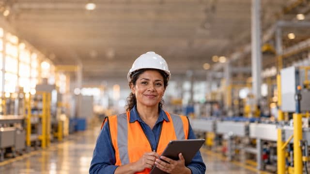 Técnica industrial sorrindo, com capacete branco e colete laranja sobre camisa azul, segurando um tablet, em uma fábrica moderna com linha de produção