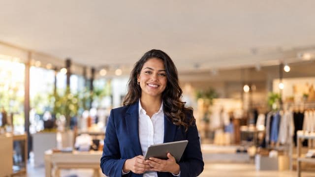 Gerente comercial sorrindo, com blazer azul-marinho sobre camisa branca, segurando um tablet, em uma loja moderna e bem iluminada