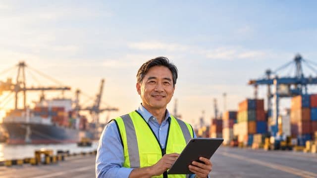 Analista de comércio exterior sorrindo, com camisa social azul e colete refletivo, segurando um tablet, em um porto com contêineres coloridos empilhados