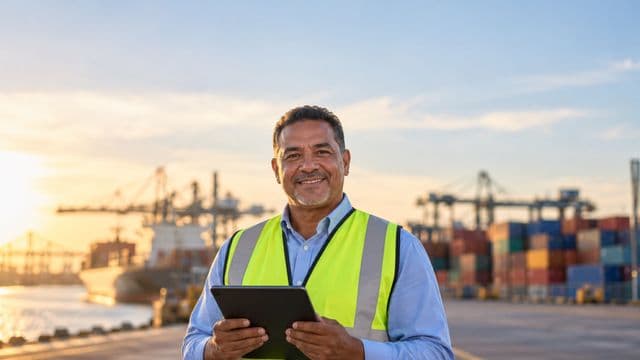 Analista de comércio exterior sorrindo, com camisa social azul e colete refletivo, segurando um tablet, em um porto com contêineres coloridos empilhados