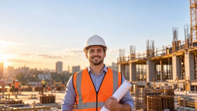 Engenheiro civil sorrindo, com capacete branco e colete refletivo laranja, segurando uma planta da obra enrolada, em um canteiro de obras com a estrutura de um prédio