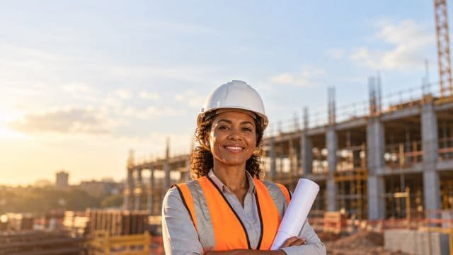 Engenheira civil sorrindo, com capacete branco e colete refletivo laranja, segurando uma planta da obra enrolada, em um canteiro de obras com a estrutura de um prédio