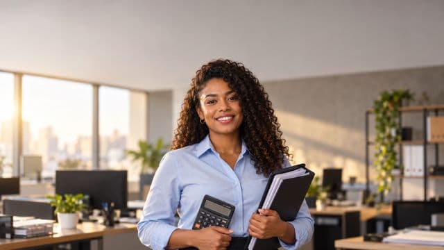 Contadora sorrindo, com camisa social azul-clara, segurando uma calculadora e uma pasta de documentos, em um escritório contábil moderno
