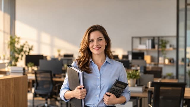 Contadora sorrindo, com camisa social azul-clara, segurando uma calculadora e uma pasta de documentos, em um escritório contábil moderno