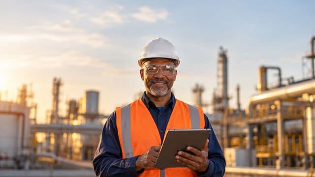 Engenheiro industrial sorrindo, com capacete branco, óculos de proteção e colete laranja, segurando um tablet, em uma planta industrial com tubulações