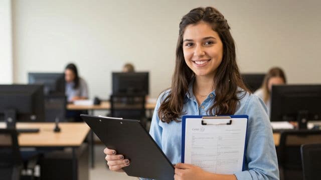 Contadora sorrindo, com camisa social azul-clara, segurando uma calculadora e uma pasta fechada, em um escritório contábil moderno