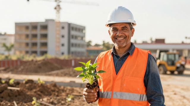 Engenheiro civil sorrindo, com capacete branco e colete refletivo laranja, segurando uma planta da obra enrolada, em um canteiro de obras com a estrutura de um prédio