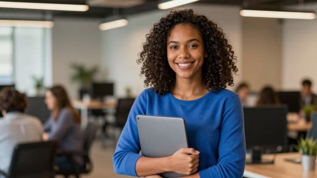 Empreendedora sorrindo, com camisa social azul com as mangas dobradas, segurando um notebook, em um espaço de coworking moderno e iluminado