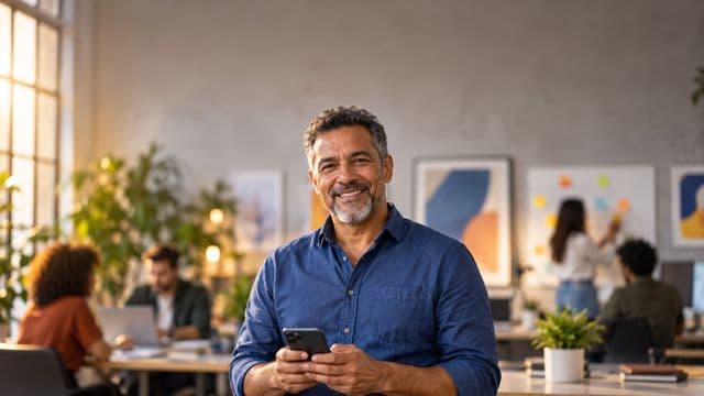 Profissional de marketing sorrindo, com camisa casual azul, segurando um smartphone, em uma agência criativa moderna com equipe desfocada e quadros de ideias