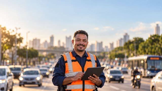Agente de trânsito sorrindo, com colete refletivo laranja sobre uniforme azul, segurando um tablet, em uma avenida urbana movimentada