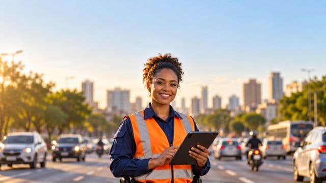 Agente de trânsito sorrindo, com colete refletivo laranja sobre uniforme azul, segurando um tablet, em uma avenida urbana movimentada