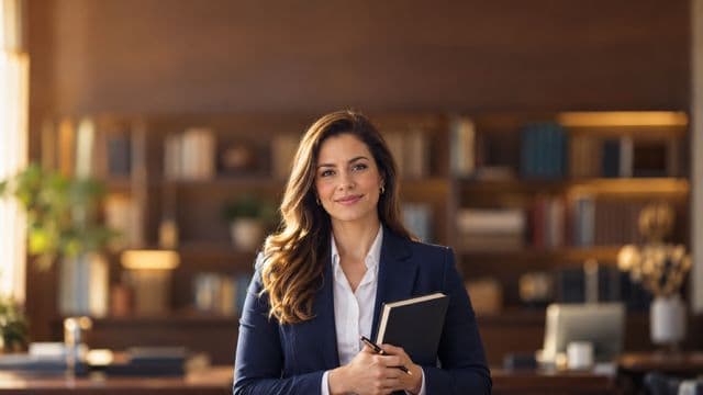 Advogada sorrindo, com terno azul-marinho e camisa branca, segurando um livro de capa lisa e uma caneta, em um escritório de advocacia elegante com estantes de livros