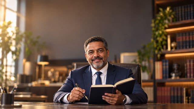 Advogado sorrindo, com terno azul-marinho e camisa branca, segurando um livro de capa lisa e uma caneta, em um escritório de advocacia elegante com estantes de livros