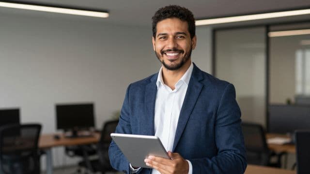 Profissional sorrindo, com blazer azul sobre camisa branca, segurando um tablet, em um escritório moderno e bem iluminado