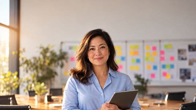 Gerente de projetos sorrindo, com camisa social azul, segurando um tablet, em uma sala de reunião com um quadro de tarefas cheio de post-its coloridos