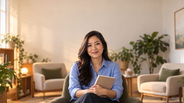 Psicóloga sorrindo, com camisa social azul, sem gravata, segurando um caderno de anotações, em um consultório de psicologia aconchegante com poltronas e plantas