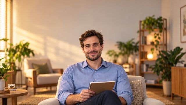 Psicólogo sorrindo, com camisa social azul, sem gravata, segurando um caderno de anotações, em um consultório de psicologia aconchegante com poltronas e plantas
