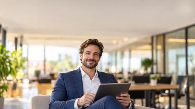 Profissional sorrindo, com blazer azul sobre camisa branca, segurando um tablet, em um escritório moderno e bem iluminado