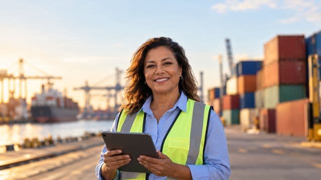 Analista de comércio exterior sorrindo, com camisa social azul e colete refletivo, segurando um tablet, em um porto com contêineres coloridos empilhados