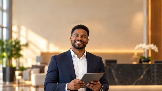 Secretário executivo sorrindo, com blazer azul-marinho sobre camisa branca, segurando um tablet, em a recepção elegante de uma empresa