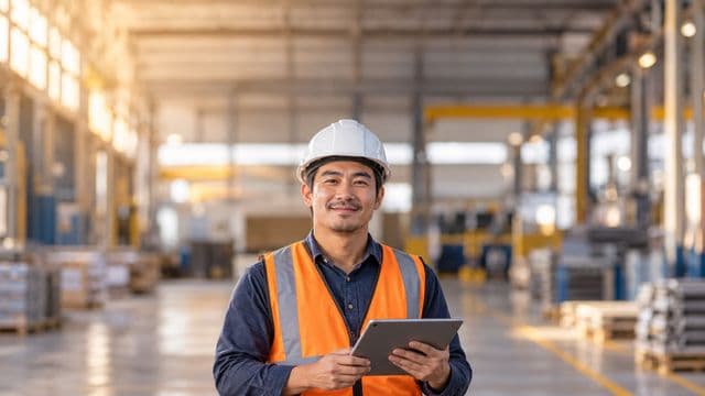 Técnico de segurança do trabalho sorrindo, com capacete branco e colete refletivo laranja, segurando um tablet, em um galpão industrial organizado