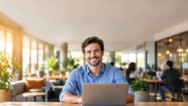 Empreendedor sorrindo, com camisa social azul com as mangas dobradas, segurando um notebook, em um espaço de coworking moderno e iluminado